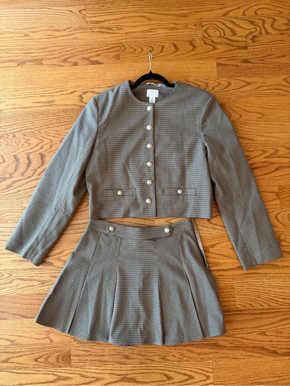 H&M Cropped Checked Jacket & Pleated Skirt Set - Gray